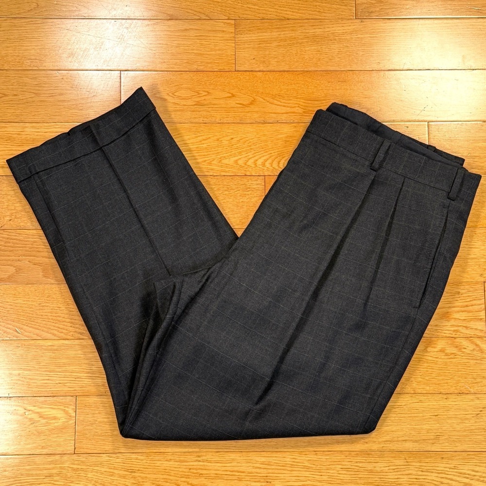 Oxxford Clothes Mens 39R Charcoal Grey Windowpane Wool Pleated Cuffed Trousers